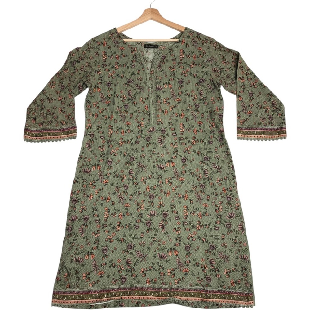 Bin Saeed Kameez Women Sage Green Floral Chevron Kameez Tunic Long Traditional M